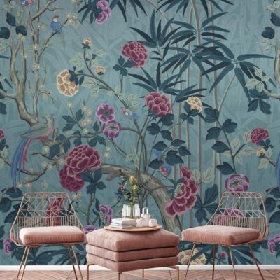 wallpaperstore.gr-παράσταση τοίχου,λουλούδια,πουλιά